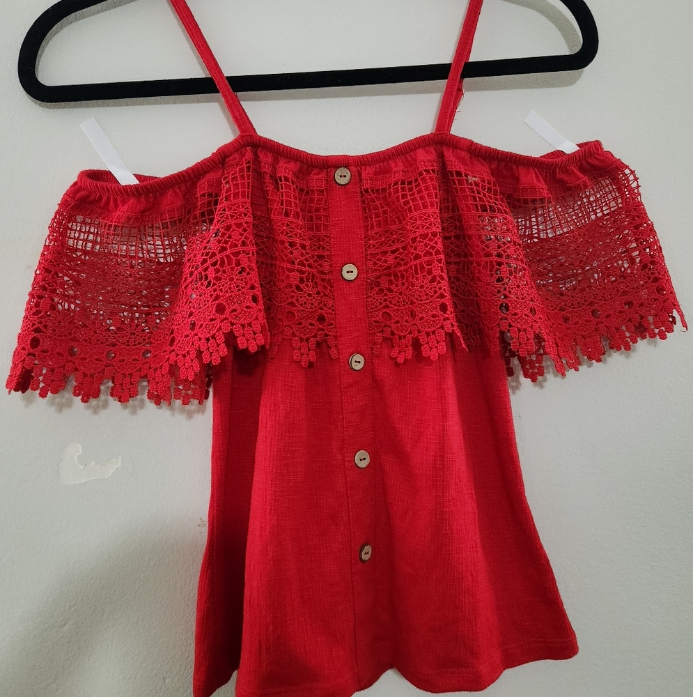 🦋 Red Lace Off-Shoulder Top
